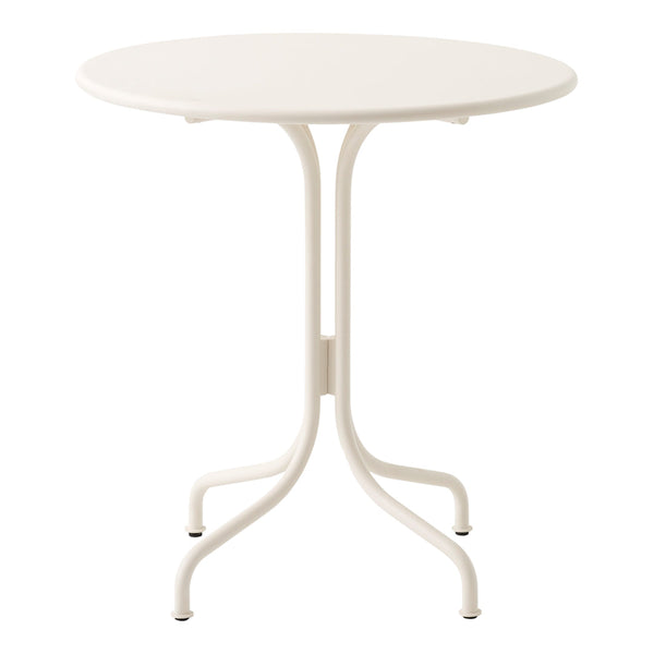 Round white table with a sleek, minimalist design and smooth finish, featuring a modern base in matching white.