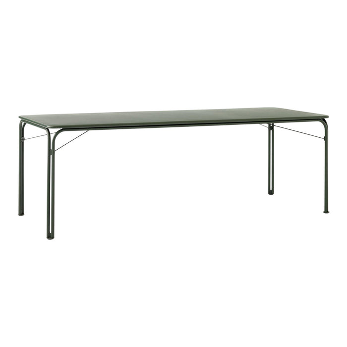 Rectangular green table with a sleek, modern design and sturdy metal frame, ideal for indoor or outdoor use.