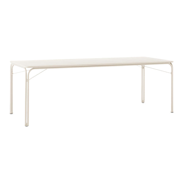 Modern rectangular table in a sleek white finish with a minimalist design and sturdy metal legs. Ideal for any space.