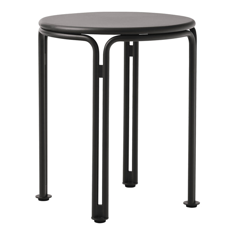 Black round side table with modern, minimalist design and sleek matte finish. Perfect for any contemporary decor.