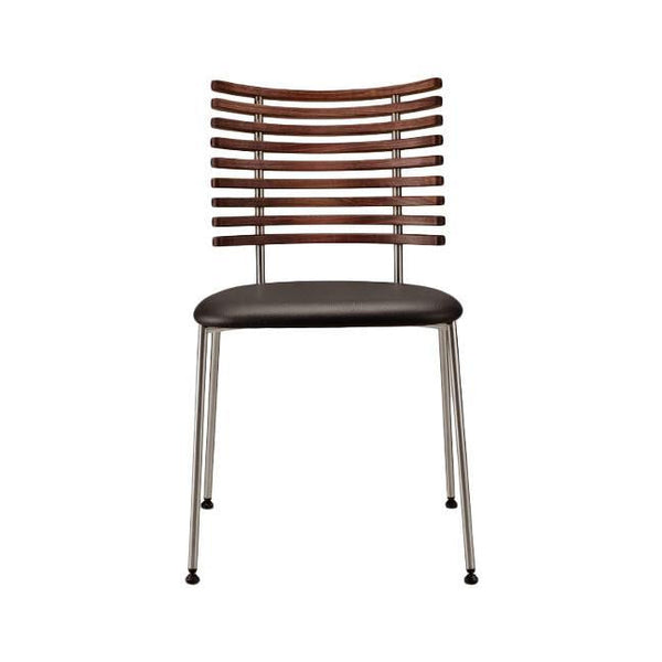 Brown striped wood backrest with a black padded seat and silver metal legs. Modern chair design for stylish decor.