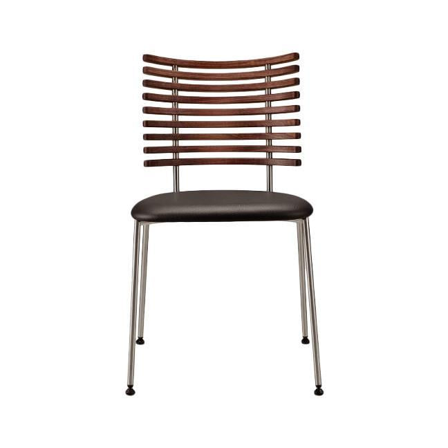 Brown striped wood backrest with a black padded seat and silver metal legs. Modern chair design for stylish decor.
