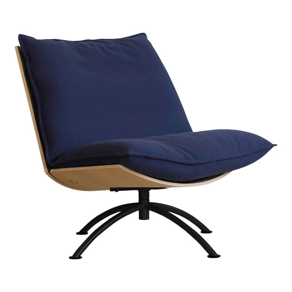 Navy blue cushion on a sleek wooden and black metal chair with a modern, minimalist design.