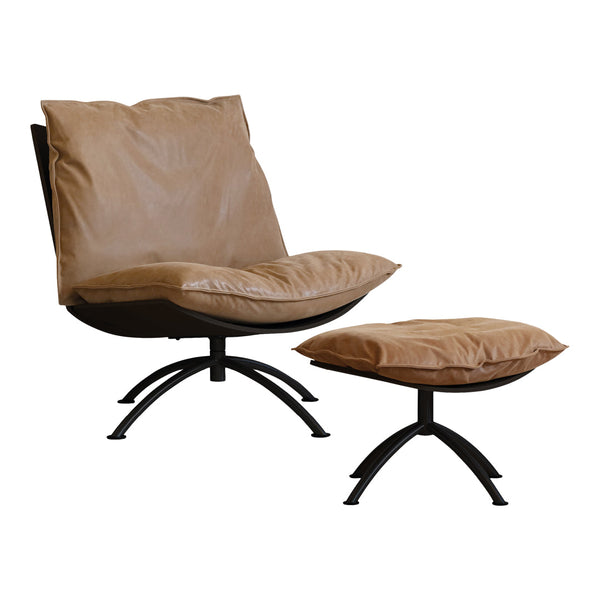 Tan leather chair with plush cushions and a sleek black metal base, accompanied by a matching ottoman.