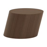 Brown wood-patterned side table with a sleek, modern design and a unique angled shape. Perfect for contemporary decor.