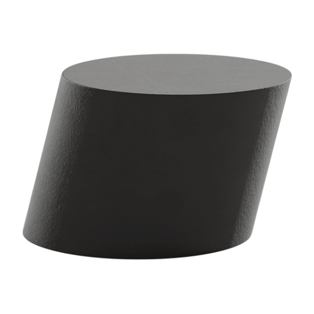 Sleek black cylindrical pedestal with a matte finish and smooth, angled design. Perfect for modern decor.