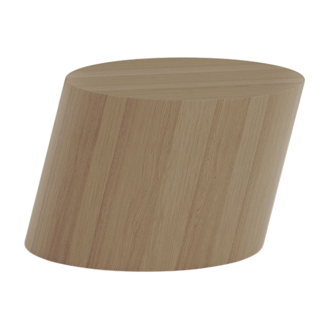 Light wood grain table with a smooth, circular top and tapered sides, showcasing natural beige and brown tones.