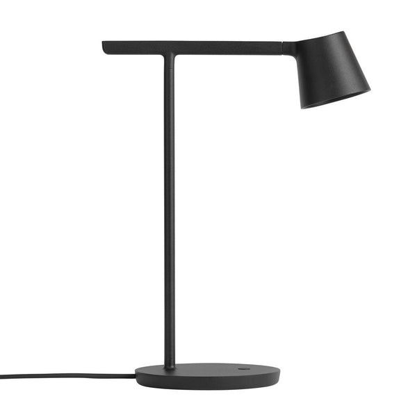 Sleek black desk lamp with minimalist design, featuring a cylindrical shade and smooth circular base.