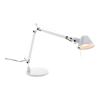 White adjustable desk lamp with a sleek design and smooth finish, featuring a round base and curved lampshade.