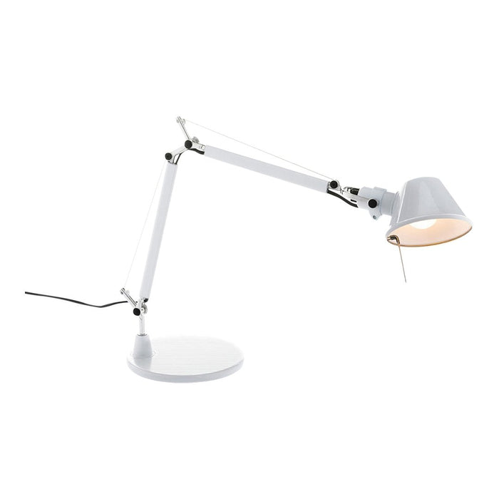 White adjustable desk lamp with a sleek design and smooth finish, featuring a round base and curved lampshade.