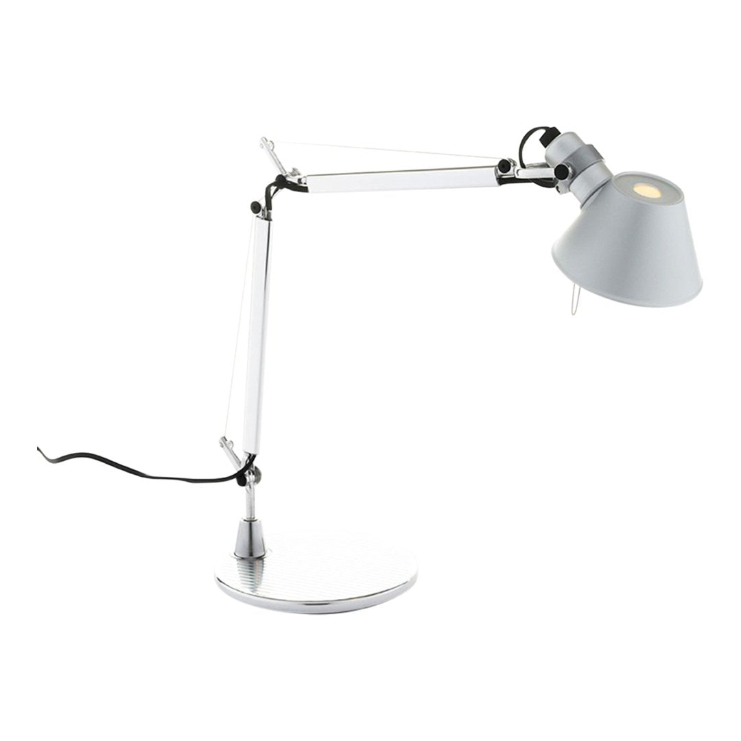 Modern white desk lamp with a sleek silver arm and subtle gray shade, featuring clean lines and a minimalist design.