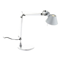 Modern white desk lamp with a sleek silver arm and subtle gray shade, featuring clean lines and a minimalist design.