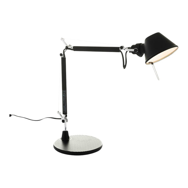 Black adjustable desk lamp with a sleek metallic arm and circular base, featuring a modern minimalist design.