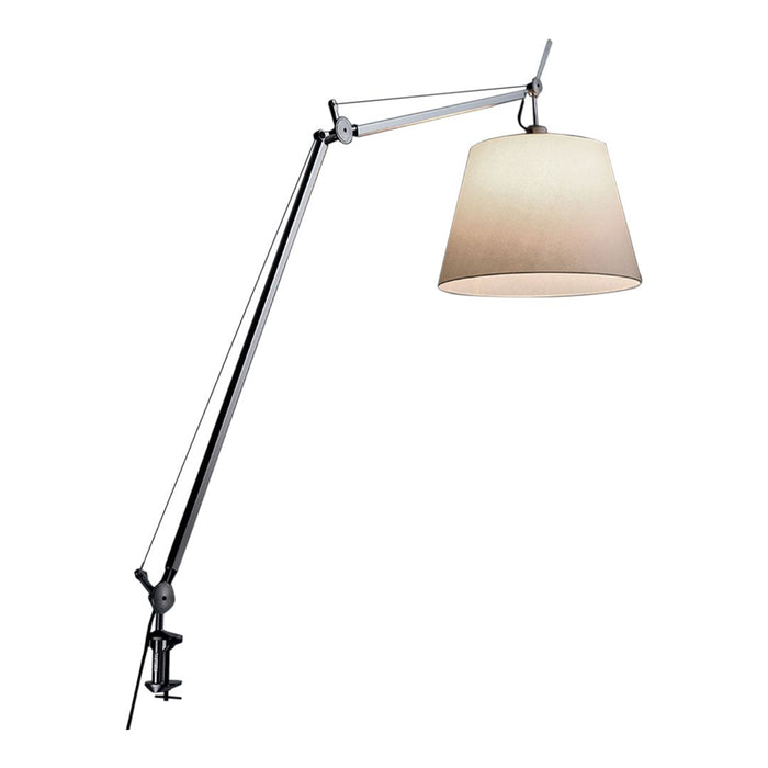 Modern silver adjustable lamp with a beige fabric shade, featuring a sleek, minimalist design.