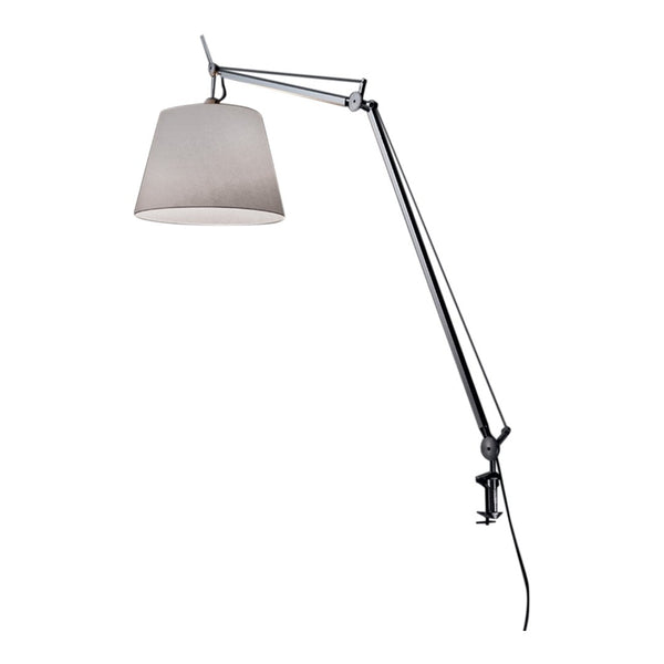 Gray fabric lampshade with a sleek silver arm, featuring a minimalist design and modern aesthetic.
