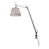 Adjustable black metal lamp with a soft gray fabric shade, featuring a minimalist design. Perfect for modern decor.