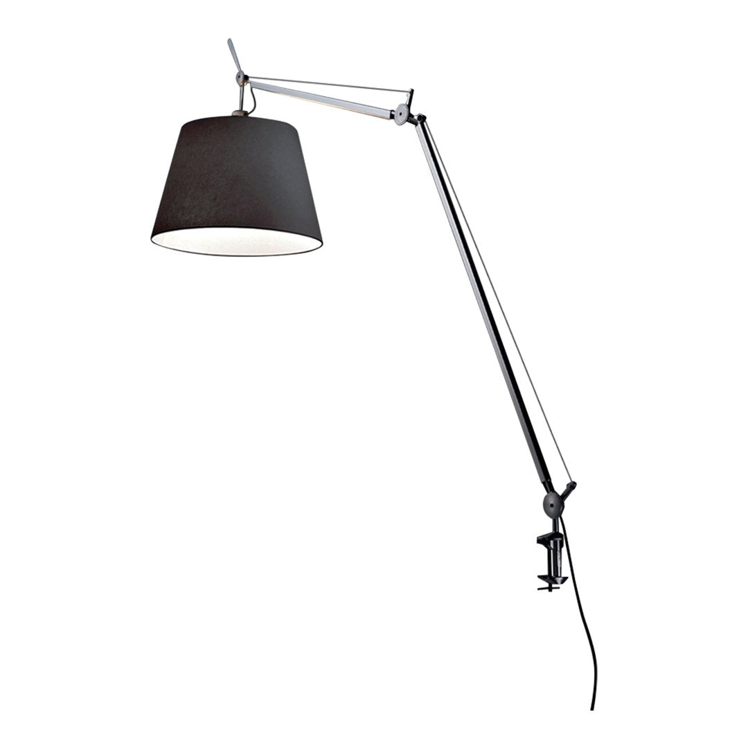 Black fabric lampshade with silver metallic arm, modern industrial style, simple and sleek design.