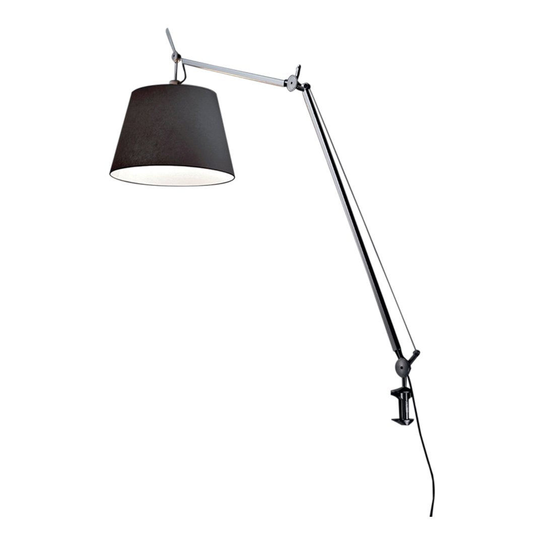 Black shade pendant lamp with a sleek silver arm, featuring a modern industrial design and minimalist aesthetic.