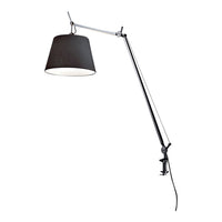 "Black shade with a smooth finish on a sleek silver arm, minimalist design, modern aesthetic."