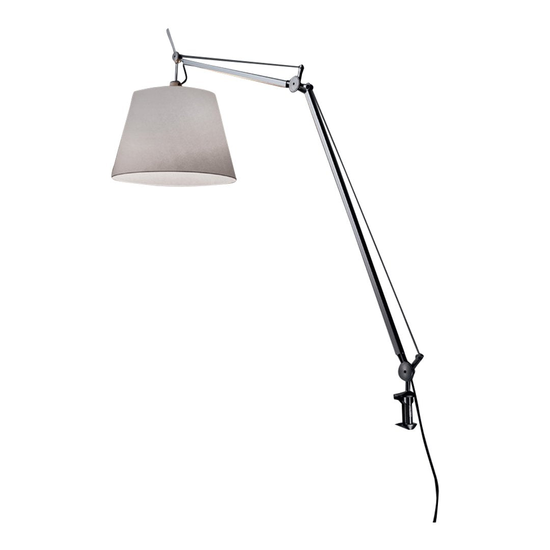 Gray fabric lampshade with a sleek silver and black adjustable arm for modern interior decor.