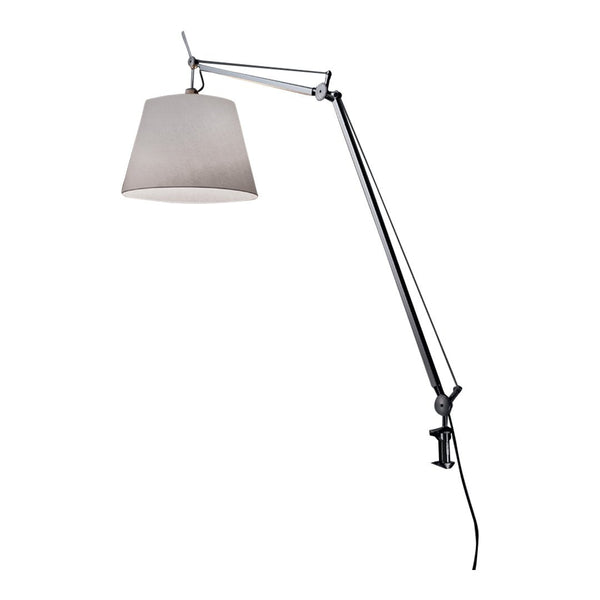 Gray fabric lampshade with a sleek silver and black adjustable arm for modern interior decor.