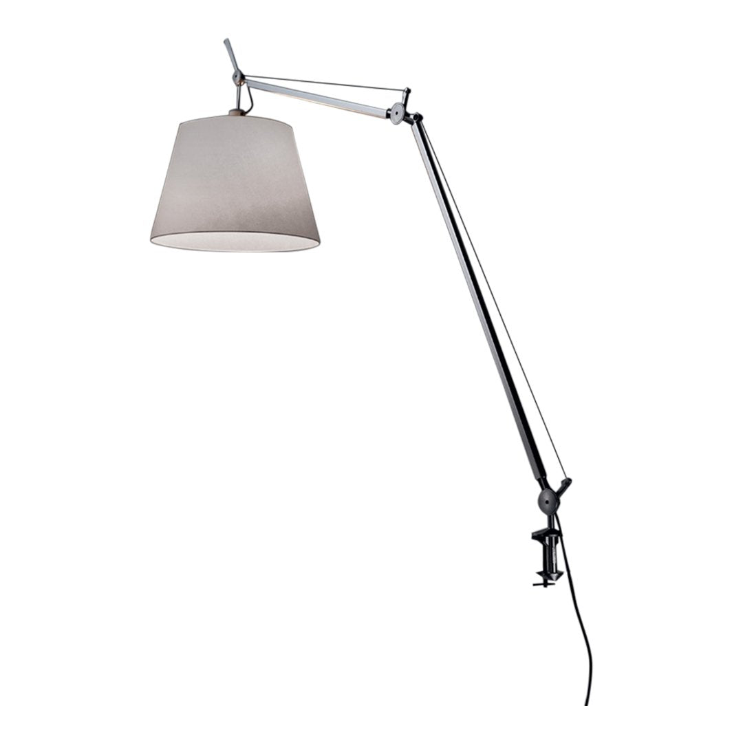 Gray fabric lamp shade with a sleek chrome arm, perfect for modern decor. Adjustable and stylish lighting solution.