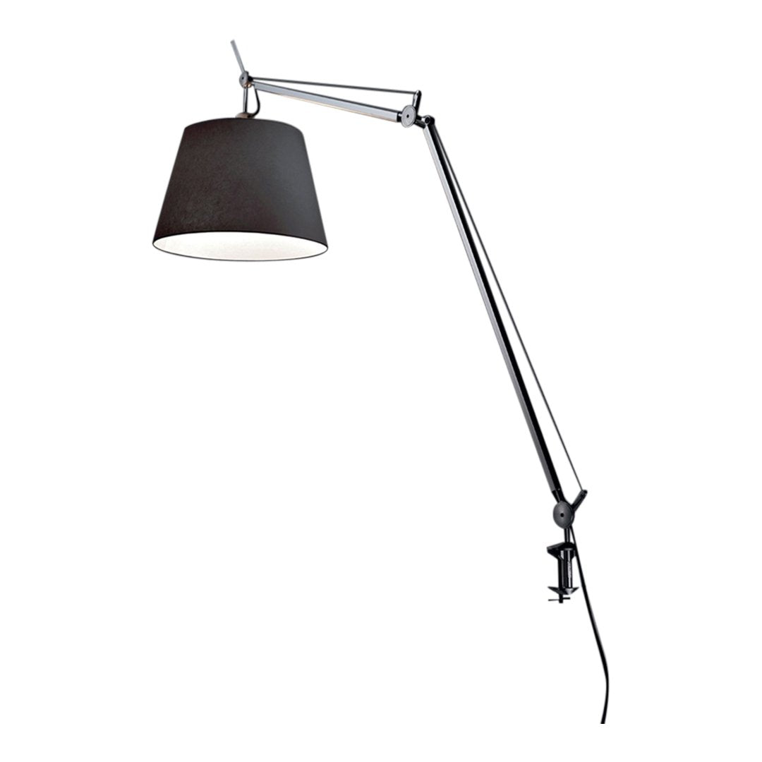 Black shade with a sleek silver arm and clamp, perfect for modern decor. Elegant and functional lighting design.