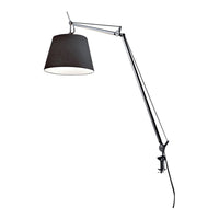 Black shade with a sleek silver arm and clamp, perfect for modern decor. Elegant and functional lighting design.