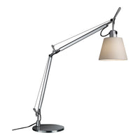 Sleek silver desk lamp with a beige shade and modern, minimalist design. Perfect for any workspace.