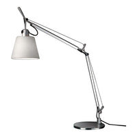 Silver adjustable desk lamp with a white shade and sleek, modern design. Perfect for contemporary workspaces.