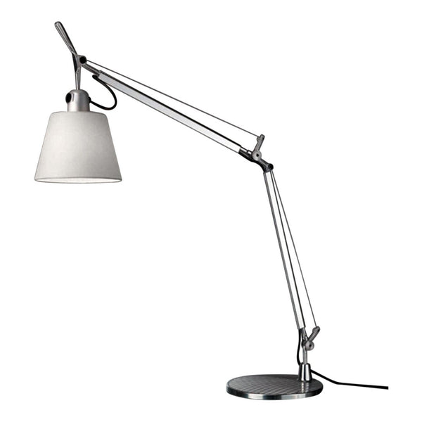 Silver adjustable desk lamp with a white shade and sleek, modern design. Perfect for contemporary workspaces.