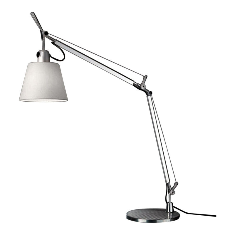 Silver adjustable desk lamp with a white shade and sleek, modern design. Perfect for contemporary workspaces.