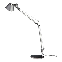 Silver metal desk lamp with a sleek, modern design and a gray shade, featuring smooth, minimalist lines.