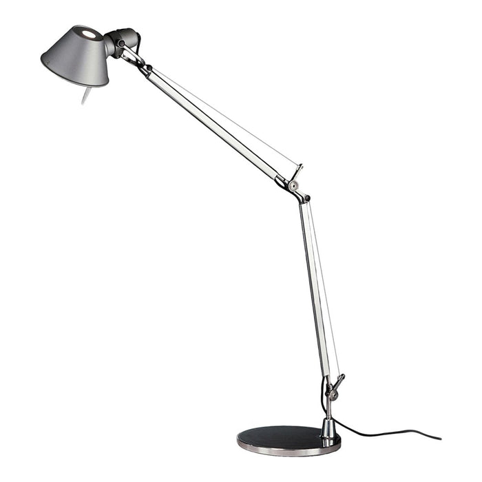 Silver adjustable desk lamp with a sleek metallic finish and modern design. Ideal for contemporary spaces.