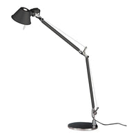 Black and silver adjustable desk lamp with a sleek, modern design and minimalist lines. Perfect for any workspace.