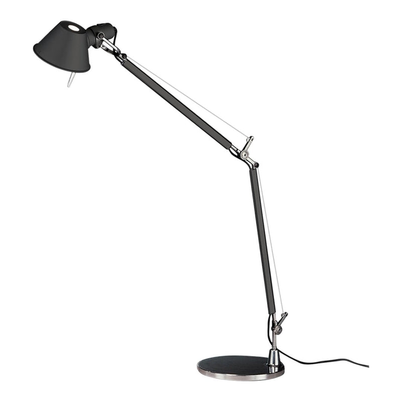 Black and silver adjustable desk lamp with a sleek, modern design and minimalist lines. Perfect for any workspace.