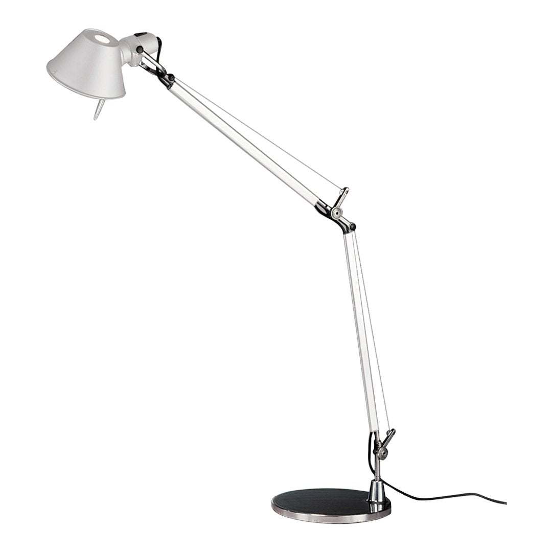 Adjustable silver lamp with a sleek white shade and a black circular base, featuring a modern minimalist design.