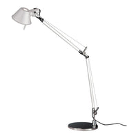 Adjustable silver lamp with a sleek white shade and a black circular base, featuring a modern minimalist design.