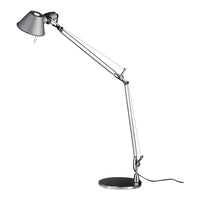 Adjustable silver metal desk lamp with a sleek gray shade and a round black base, featuring a minimalist design.