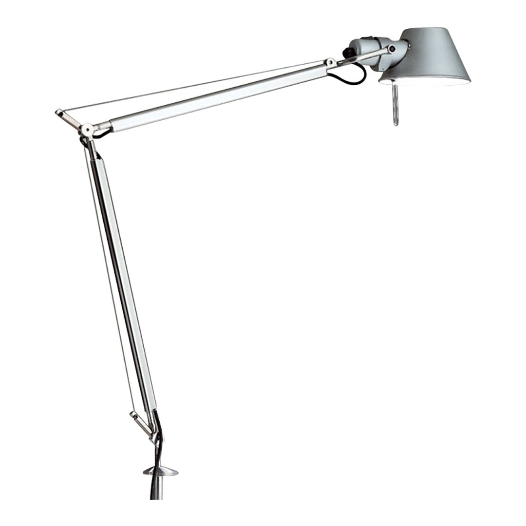 Silver adjustable desk lamp with a sleek modern design and a minimalist gray shade.