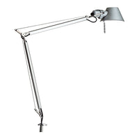 Silver adjustable desk lamp with a sleek modern design and a minimalist gray shade.