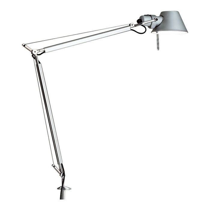 Silver adjustable desk lamp with a sleek modern design and a minimalist gray shade.