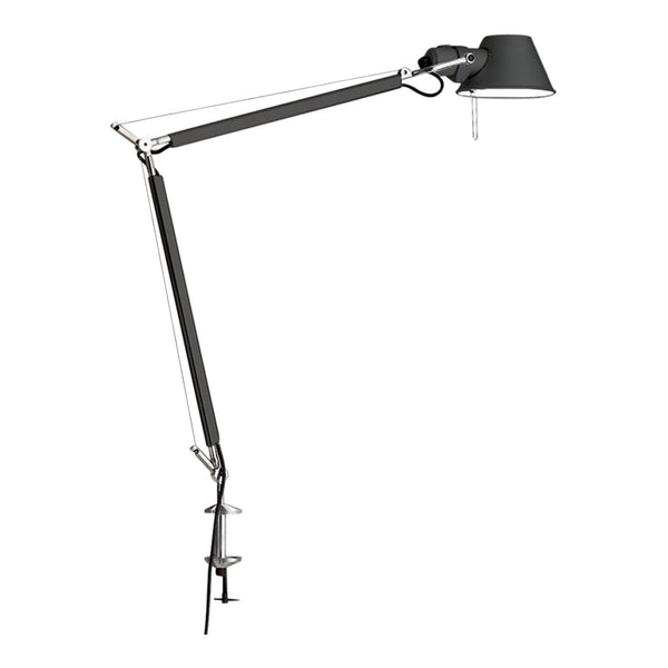 Black and chrome adjustable desk lamp with sleek, modern design and clean lines. Perfect for stylish workspaces.
