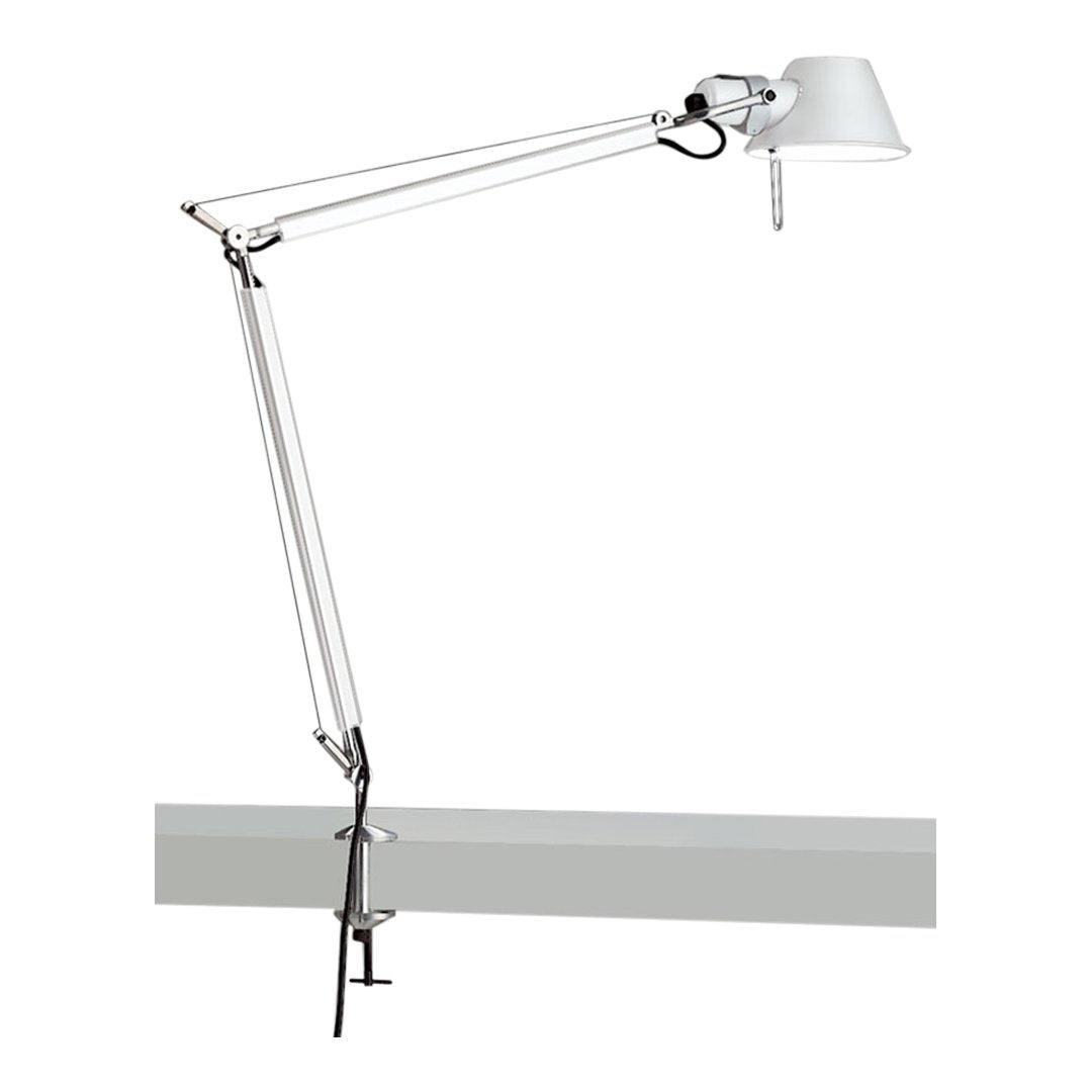 White and silver adjustable desk lamp with sleek lines and minimalist design, perfect for modern workspaces.