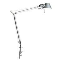 Sleek silver desk lamp with a modern design, featuring a polished finish and minimalistic lines. Perfect for any workspace.