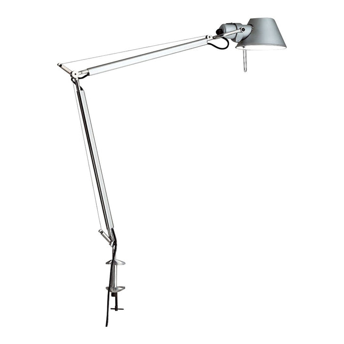 Sleek silver desk lamp with a modern design, featuring a polished finish and minimalistic lines. Perfect for any workspace.