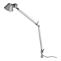 Silver adjustable desk lamp with a sleek metallic finish and minimalist design, showcasing smooth lines and modern aesthetics.