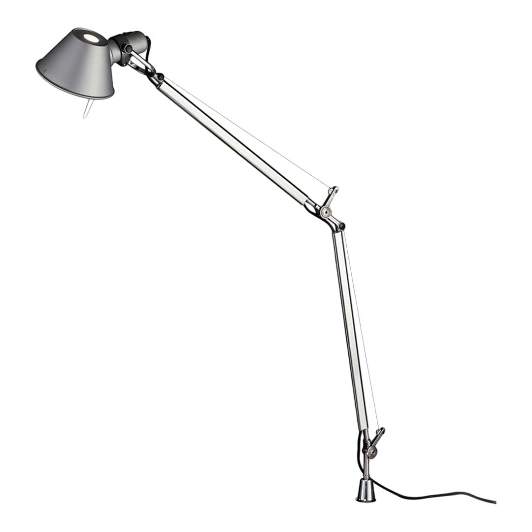 "Stylish silver metal desk lamp with a sleek, modern design and a smooth, metallic finish."