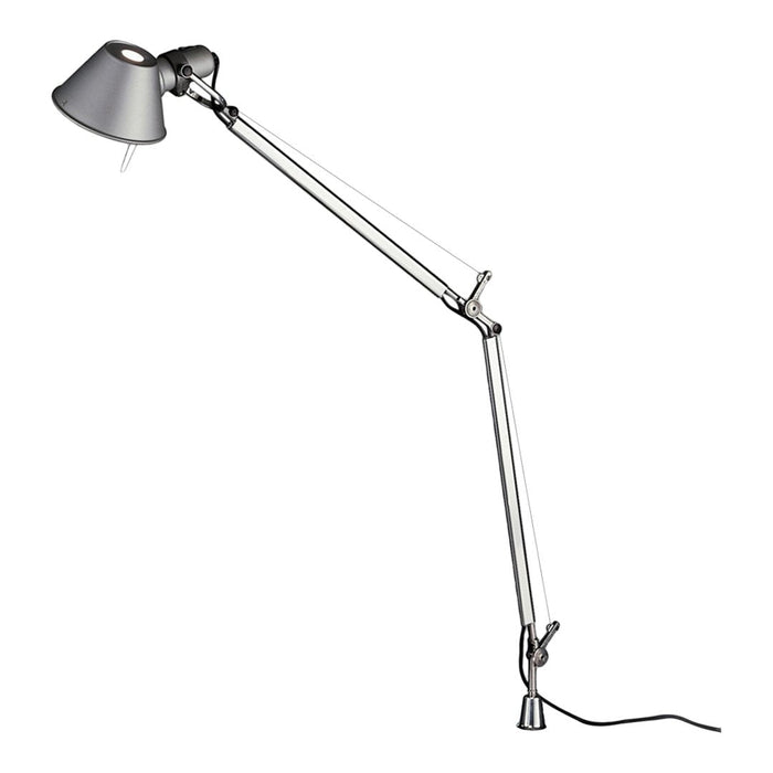 "Stylish silver metal desk lamp with a sleek, modern design and a smooth, metallic finish."