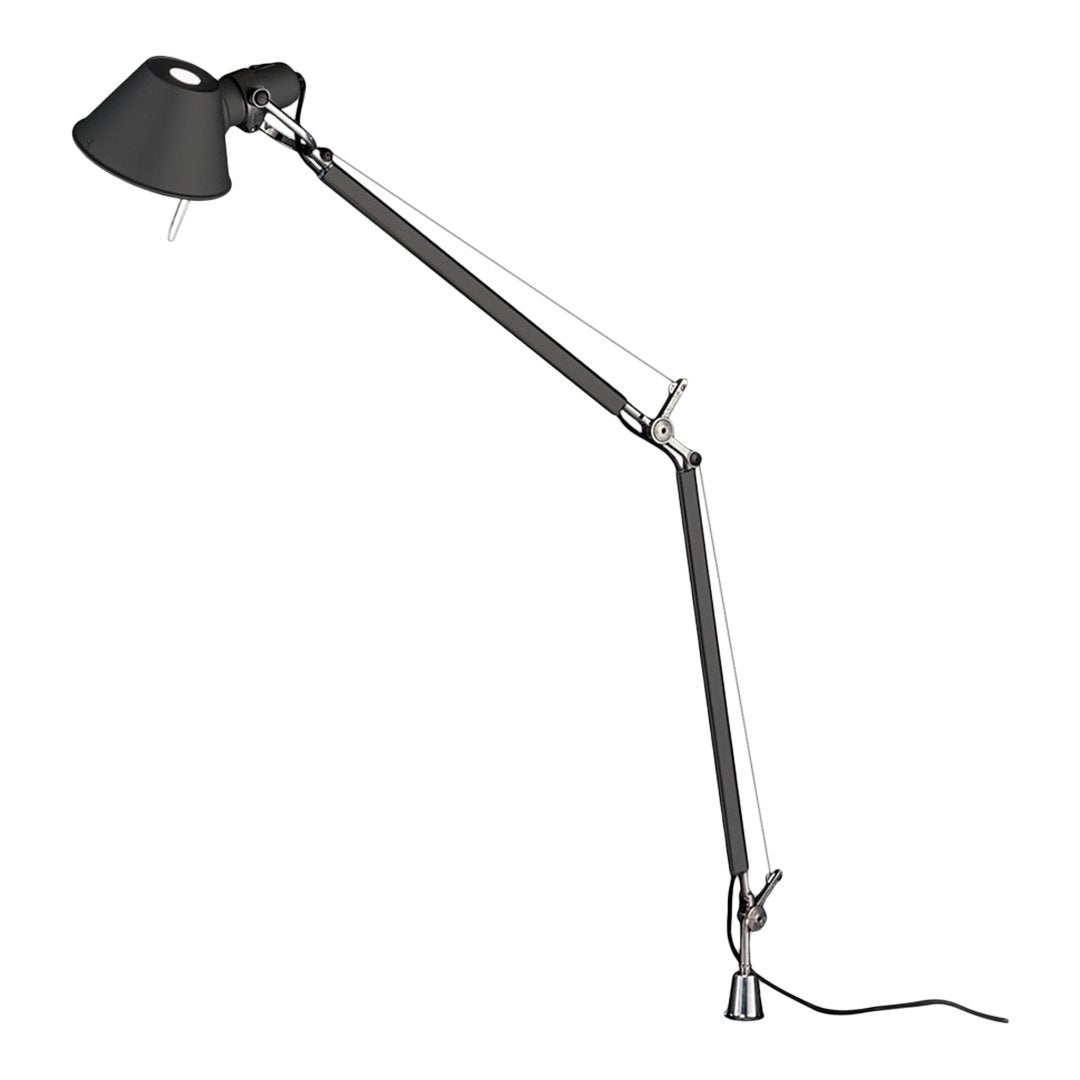 Black and silver adjustable desk lamp with a sleek, modern design and minimalist aesthetic.